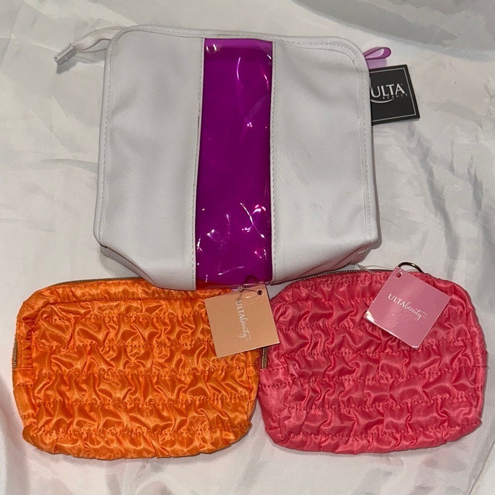Ulta Beauty 3 Piece Makeup Bag Set White Orange Pink Ruched Cosmetic Pouches New